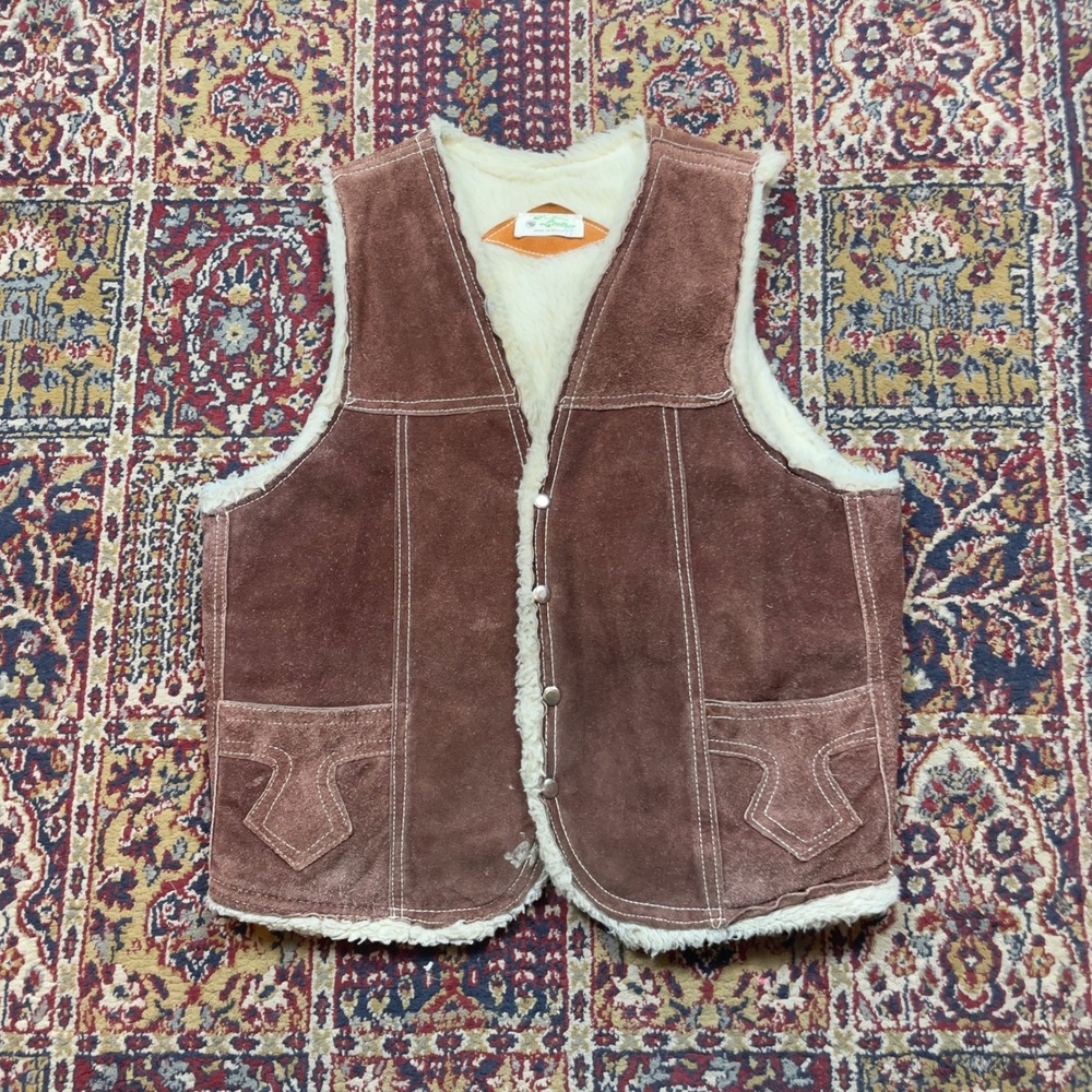 VTG 70s Hand Made Western Leather Suede Sherpa Lined Vest Brown Pattern atitched